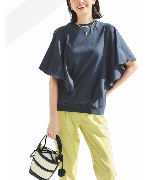 IEDIT（イディット）の「ＩＥＤＩＴ　接触冷感・吸汗速乾・抗菌防臭！Ｏｈｃｏｏｌ（Ｒ）Ⅱｐｌｕｓ素材のフリルトップス（Tシャツ/カットソー・レディース・アイボリー/スミクロ/ブラウン・M/L/LL/3L）」の4枚目の写真