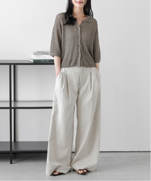 mimiLOEWE アイボリー 編み込みカーディガン ゆるメッシュ編み和紙ライククルーネックニットカーディガン