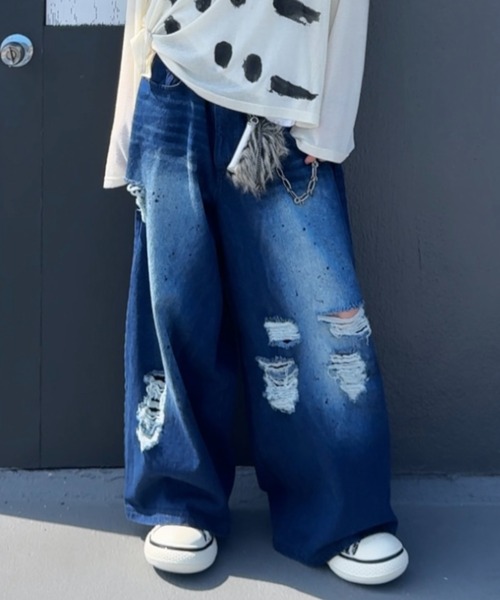 オリジナルペイント入りダメージデニムパンツ デニムパンツ ダメージ ジーンズ 春夏秋 : フラグシップ21