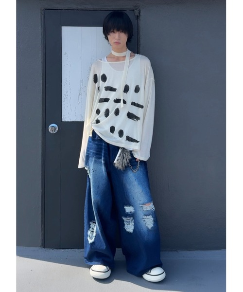 ふ*す様 interfactory カイチ ダメージペイントデニム ブルー Mサ カイチ - ダメージペイント加工デニムパンツ made in INTER