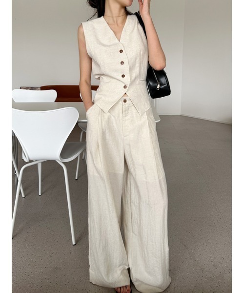セットアップ ノースリーブ ベスト ワイドパンツ ノースリーブ ベストトップス +ワイドレッグ パンツセットアップ
