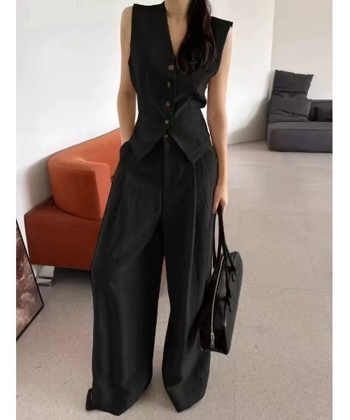 ベスト ワイドパンツ セットアップ ノースリーブ 美シルエット 2点セット セットアップ ブラック 美シルエット ノースリーブ