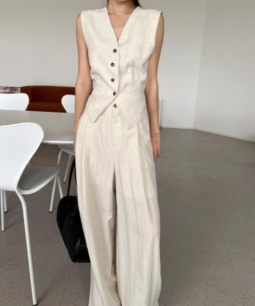 セール】ノースリーブベスト＋ワイドパンツセットアップ