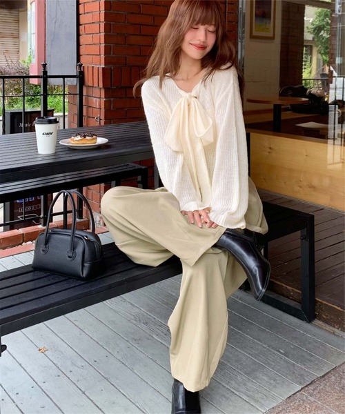 前後2wayリボンデザインシアーローゲージニット（ニット/セーター