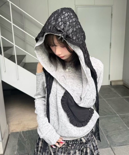 Never mind the XU / Chikashitsu+(ネバーマインド ザ エックスユー / チカシツプラス)の「【nmtc+】lace balaclava / 【エヌエムティーシープラス】レースバラクラバ<着用動画あり>(ニットキャップ/ビーニー・レディース・ブラック/ホワイト・ONE SIZE)」の18枚目の写真