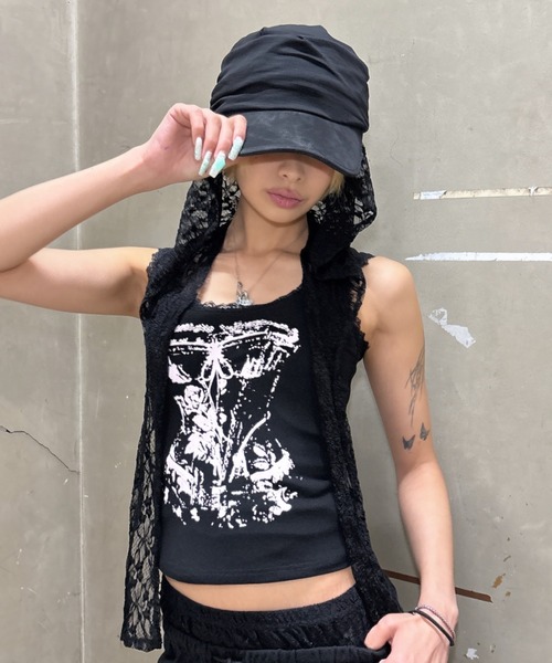 Never mind the XU / Chikashitsu+(ネバーマインド ザ エックスユー / チカシツプラス)の「【nmtc+】lace balaclava / 【エヌエムティーシープラス】レースバラクラバ<着用動画あり>(ニットキャップ/ビーニー・レディース・ブラック/ホワイト・ONE SIZE)」の19枚目の写真