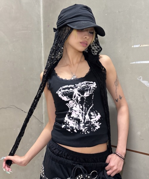 Never mind the XU / Chikashitsu+(ネバーマインド ザ エックスユー / チカシツプラス)の「【nmtc+】lace balaclava / 【エヌエムティーシープラス】レースバラクラバ<着用動画あり>(ニットキャップ/ビーニー・レディース・ブラック/ホワイト・ONE SIZE)」の20枚目の写真