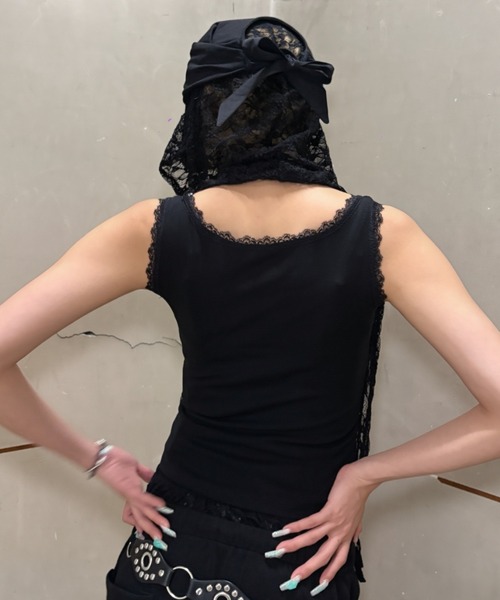 Never mind the XU / Chikashitsu+(ネバーマインド ザ エックスユー / チカシツプラス)の「【nmtc+】lace balaclava / 【エヌエムティーシープラス】レースバラクラバ<着用動画あり>(ニットキャップ/ビーニー・レディース・ブラック/ホワイト・ONE SIZE)」の22枚目の写真