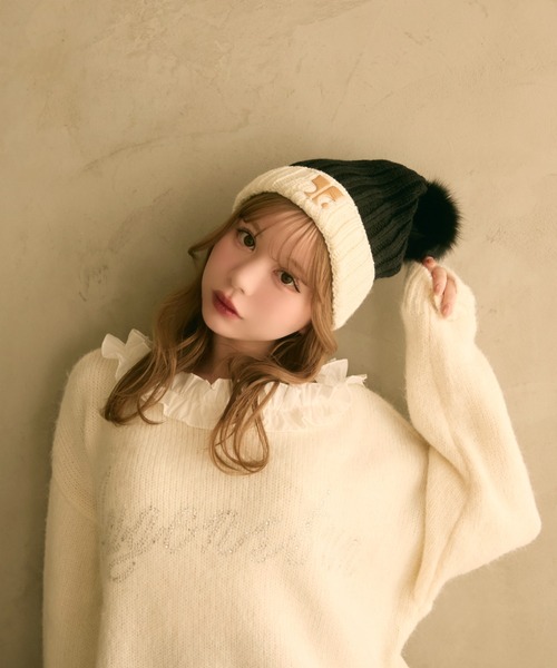 TITTY&CO.(ティティーアンドコー)の「バイカラーニット帽(ニットキャップ/ビーニー・レディース・ベージュ/ブラウン/ホワイト・FREE)」の6枚目の写真