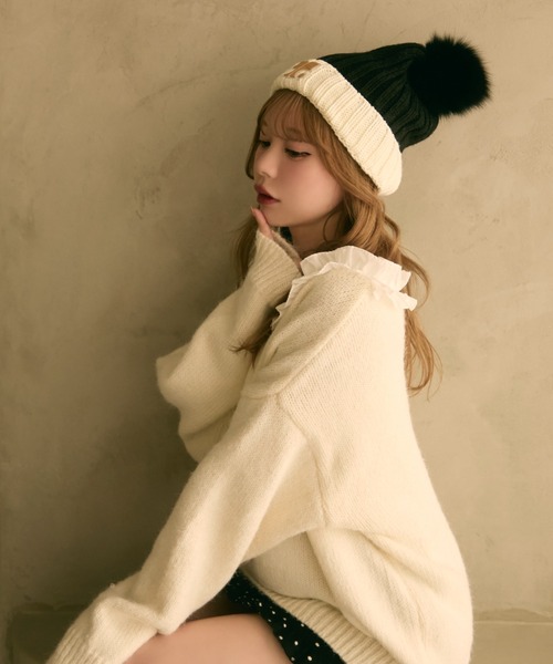 TITTY&CO.(ティティーアンドコー)の「バイカラーニット帽(ニットキャップ/ビーニー・レディース・ベージュ/ブラウン/ホワイト・FREE)」の9枚目の写真