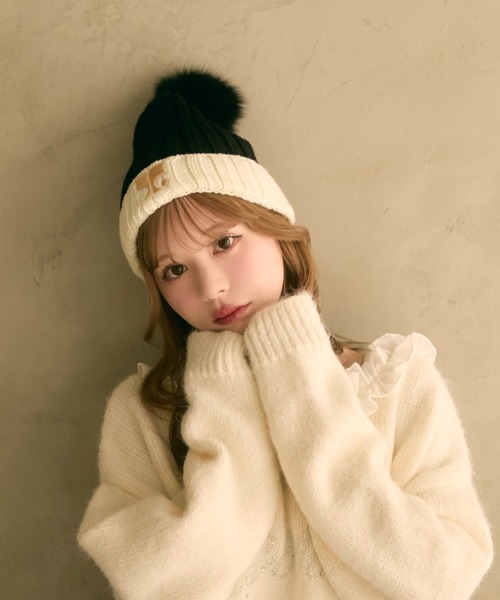 TITTY&CO.(ティティーアンドコー)の「バイカラーニット帽(ニットキャップ/ビーニー・レディース・ベージュ/ブラウン/ホワイト・FREE)」の4枚目の写真