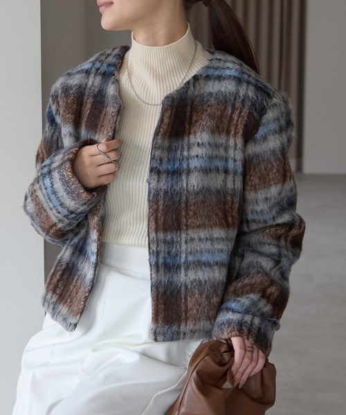 GIVENCHYチェックノーカラーショートジャケット GIVENCHYチェックノーカラーショートジャケット