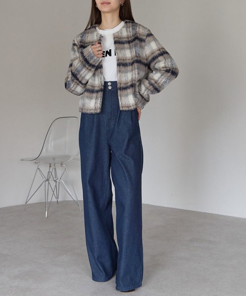 PREFERIR(プレフェリール)の「シャギーチェック ショート ジャケット(ノーカラージャケット・レディース・ブラウン/ネイビー・MEDIUM)」の16枚目の写真