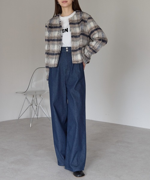 PREFERIR(プレフェリール)の「シャギーチェック ショート ジャケット(ノーカラージャケット・レディース・ブラウン/ネイビー・MEDIUM)」の15枚目の写真