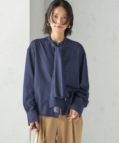 ブラウス セール】〈手洗い可能〉デニム ライク リボン タイ ブラウス（シャツ