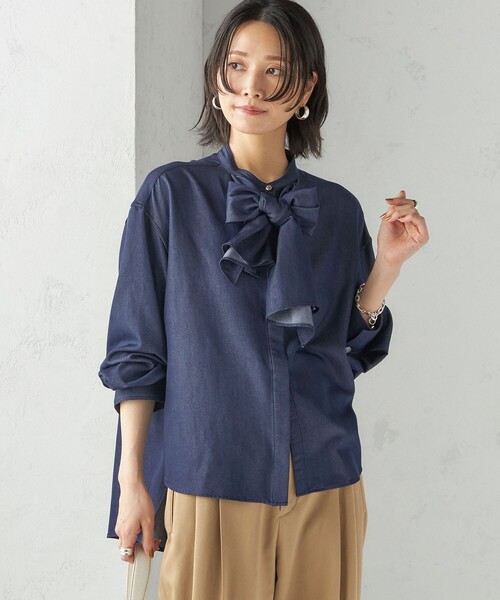 セール】〈手洗い可能〉デニム ライク リボン タイ ブラウス（シャツ