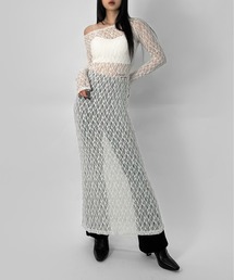 【LVEU.】メッセージプリントレースワンピース / ワンピース レース シアー シースルー メッセージ ワンショル 長袖 ロング レイヤード ブラック アイボリー