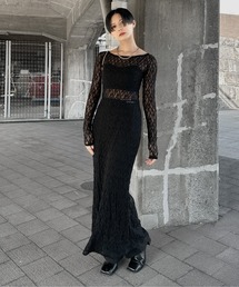 【LVEU.】メッセージプリントレースワンピース / ワンピース レース シアー シースルー メッセージ ワンショル 長袖 ロング レイヤード ブラック アイボリー