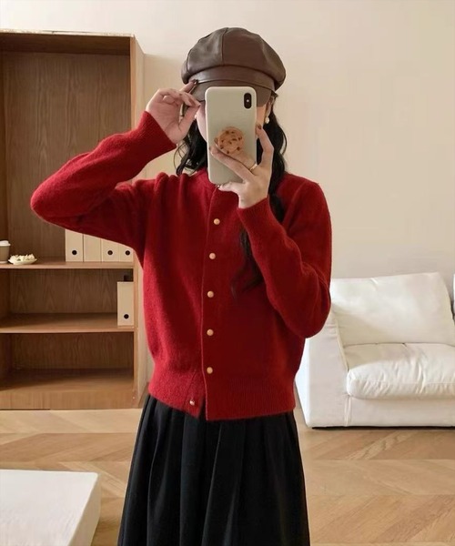 STAY MOTION（ステイモーション）の「【WEB限定】長袖ニットカーディガン［韓国ファッション カジュアル 着回し抜群］≪AW新作≫（カーディガン/ボレロ・レディース・グレー/ベージュ/レッド/ブラック・F）」の4枚目の写真