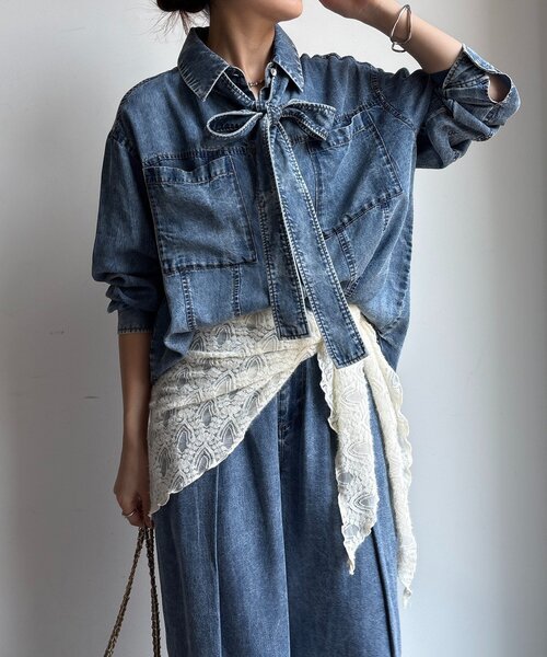 DouDou（ドゥドゥ）の「【WEB限定】棒タイ2WAYリヨセルデニムシャツ（シャツ/ブラウス・レディース・インディゴブルー/ブラック・FREE）」の21枚目の写真