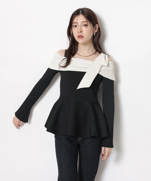 オフショルリボンドッキングニット（ニット/セーター