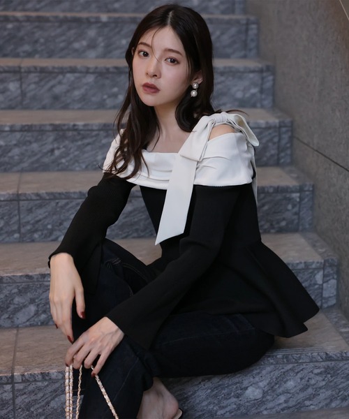 値下げ　早い者勝ち！ リランドチュール　オフショルリボンドッキングニット　新品 オフショルリボンドッキングニット（ニット/セーター）｜Rirandture