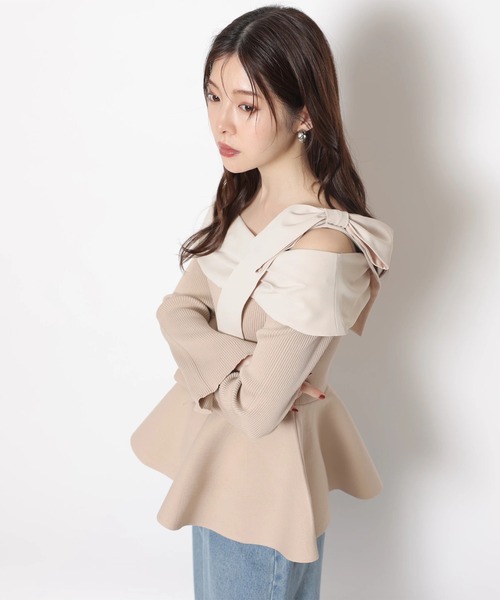 オフショルリボンドッキングニット（ニット/セーター）｜Rirandture