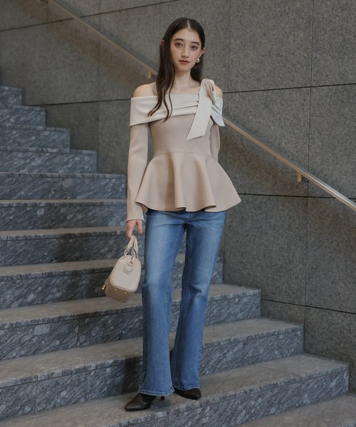 オフショルリボンドッキングニット（ニット/セーター）｜Rirandture