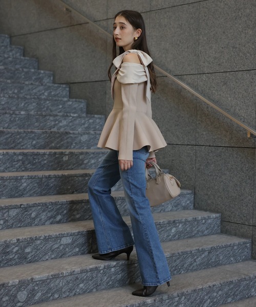 オフショルリボンドッキングニット（ニット/セーター）｜Rirandture