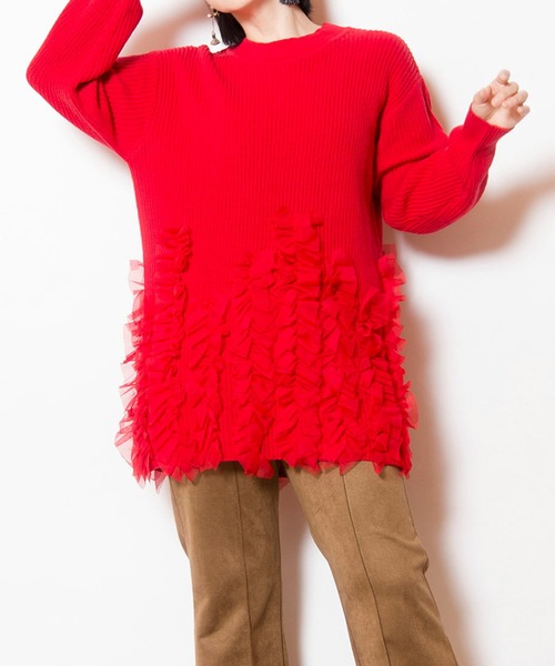 OSMOSIS（オズモーシス）の「チュールフリルニットプルオーバー（ニット/セーター・レディース・グレー/ブラック/チャコール/レッド・ONE SIZE）」の4枚目の写真