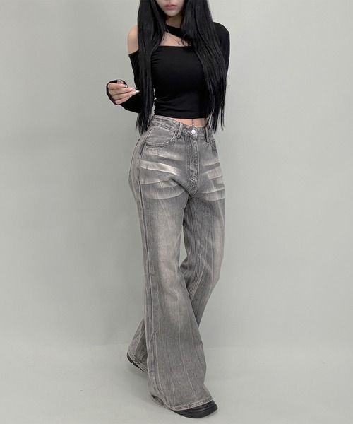 FOLLOWIN(フォロウィン)の「3color/Y2Kヴィンテージルーズフレアウォッシュデニム(デニムパンツ・レディース・グレー/ブラック/ブルー・LARGE/MEDIUM/SMALL)」の18枚目の写真