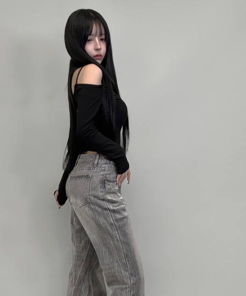 FOLLOWIN(フォロウィン)の「3color/Y2Kヴィンテージルーズフレアウォッシュデニム(デニムパンツ・レディース・グレー/ブラック/ブルー・LARGE/MEDIUM/SMALL)」の21枚目の写真