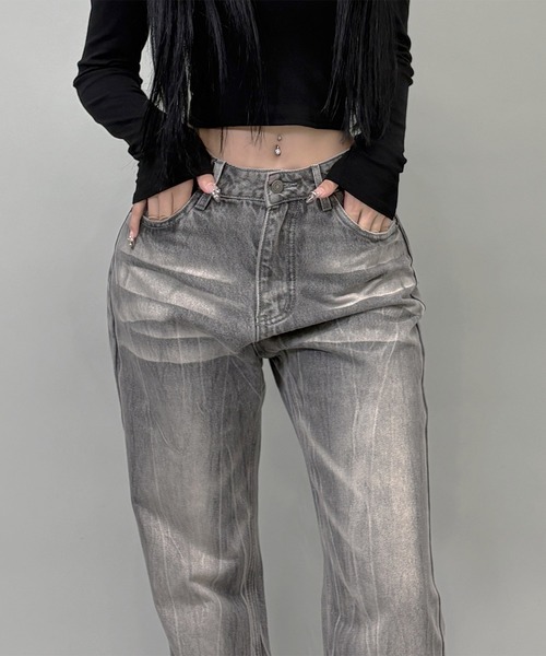 FOLLOWIN(フォロウィン)の「3color/Y2Kヴィンテージルーズフレアウォッシュデニム(デニムパンツ・レディース・グレー/ブラック/ブルー・LARGE/MEDIUM/SMALL)」の22枚目の写真