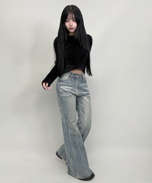 FOLLOWIN(フォロウィン)の「3color/Y2Kヴィンテージルーズフレアウォッシュデニム(デニムパンツ・レディース・グレー/ブラック/ブルー・LARGE/MEDIUM/SMALL)」の12枚目の写真