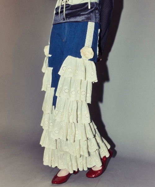 Candy Stripper（キャンディストリッパー）の「LACY ROSE DENIM パンツ（デニムパンツ・レディース・ブラック/ライトインディゴブルー/オフホワイト・FREE）」の8枚目の写真