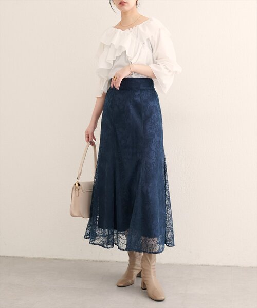 natural couture（ナチュラルクチュール）の「【WEB限定】〈osono〉長さ変えられるチュール刺繍レーススカート（スカート・レディース・グレイッシュベージュ/ネイビー/ボルドー・FREE）」の21枚目の写真