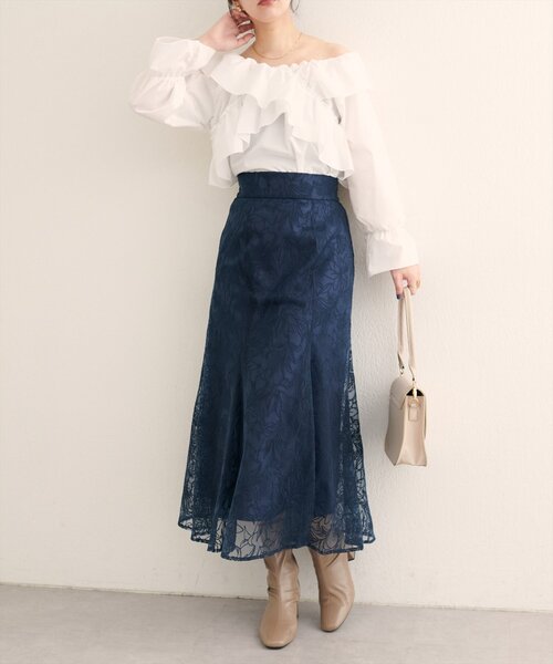 natural couture（ナチュラルクチュール）の「【WEB限定】〈osono〉長さ変えられるチュール刺繍レーススカート（スカート・レディース・グレイッシュベージュ/ネイビー/ボルドー・FREE）」の22枚目の写真