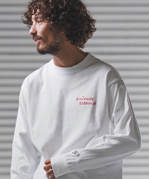 1minute 1second(ワンミニットワンセカンド)の「mlt5440-9oz USA cotton long sleeve cut&sewn with cursive embroidery ロングスリーブTシャツ(1M25F340)(Tシャツ/カットソー・メンズ・ホワイト/ホワイト×レッド/ブラック・S/M/L/XL)」の7枚目の写真