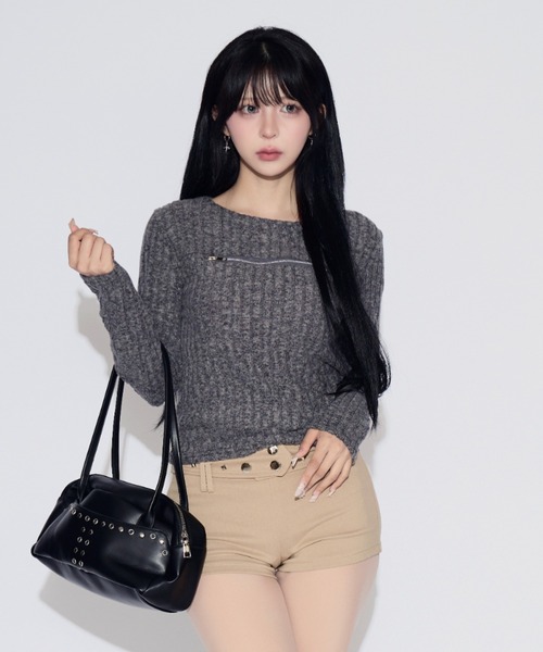 tinkerend(ティンカーエンド)の「Open-Zip Short Knit / オープンジップショートニット(ニット/セーター・レディース・グレー/ブラック・FREE)」の1枚目の写真