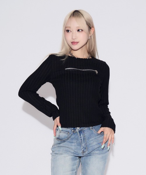 tinkerend(ティンカーエンド)の「Open-Zip Short Knit / オープンジップショートニット(ニット/セーター・レディース・グレー/ブラック・FREE)」の2枚目の写真