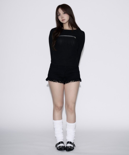 tinkerend(ティンカーエンド)の「Open-Zip Short Knit / オープンジップショートニット(ニット/セーター・レディース・グレー/ブラック・FREE)」の8枚目の写真