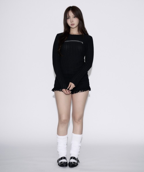 tinkerend(ティンカーエンド)の「Open-Zip Short Knit / オープンジップショートニット(ニット/セーター・レディース・グレー/ブラック・FREE)」の9枚目の写真