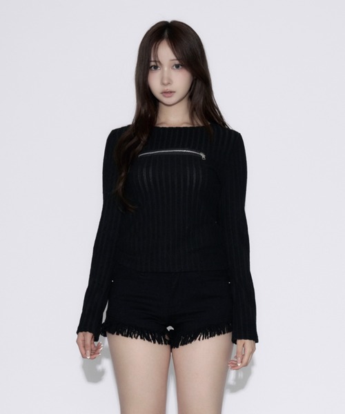 tinkerend(ティンカーエンド)の「Open-Zip Short Knit / オープンジップショートニット(ニット/セーター・レディース・グレー/ブラック・FREE)」の15枚目の写真