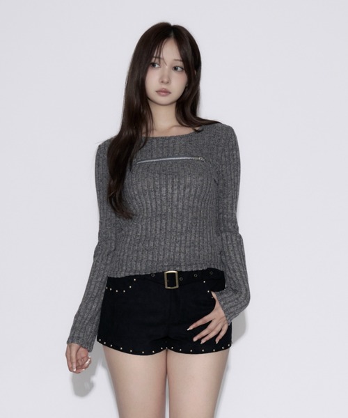 tinkerend(ティンカーエンド)の「Open-Zip Short Knit / オープンジップショートニット(ニット/セーター・レディース・グレー/ブラック・FREE)」の12枚目の写真