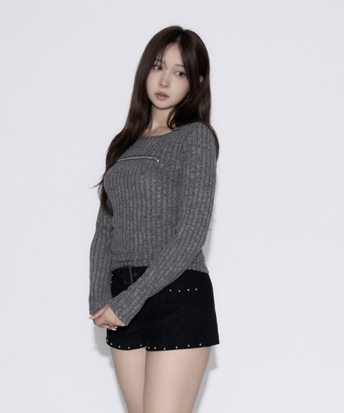 tinkerend(ティンカーエンド)の「Open-Zip Short Knit / オープンジップショートニット(ニット/セーター・レディース・グレー/ブラック・FREE)」の13枚目の写真