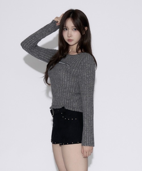 tinkerend(ティンカーエンド)の「Open-Zip Short Knit / オープンジップショートニット(ニット/セーター・レディース・グレー/ブラック・FREE)」の3枚目の写真