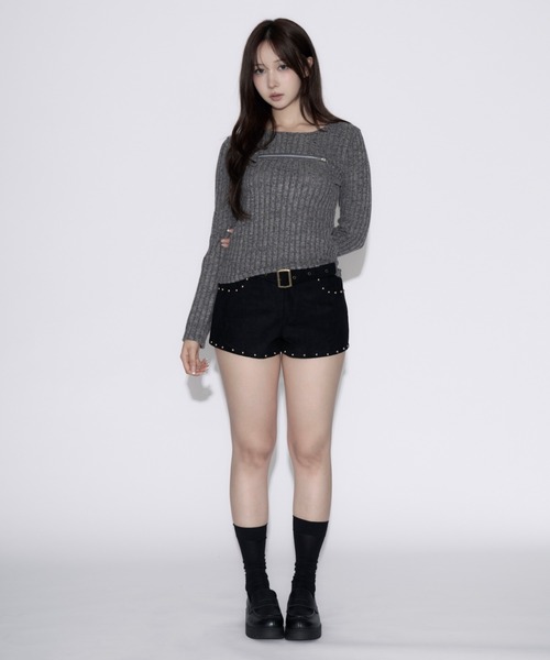 tinkerend(ティンカーエンド)の「Open-Zip Short Knit / オープンジップショートニット(ニット/セーター・レディース・グレー/ブラック・FREE)」の5枚目の写真