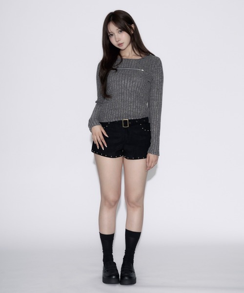tinkerend(ティンカーエンド)の「Open-Zip Short Knit / オープンジップショートニット(ニット/セーター・レディース・グレー/ブラック・FREE)」の6枚目の写真