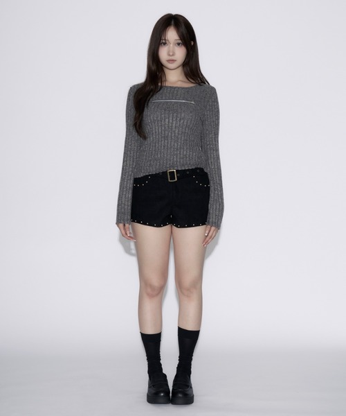 tinkerend(ティンカーエンド)の「Open-Zip Short Knit / オープンジップショートニット(ニット/セーター・レディース・グレー/ブラック・FREE)」の4枚目の写真