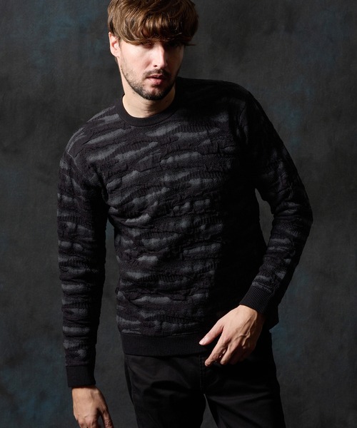 HIDEAWAYS NICOLE（ハイダウェイニコル）の「カモフラブリスタージャカードクルーネックニット（ニット/セーター・メンズ・ホワイト×ライトグレー/ブラック×グレー/ブラック×ホワイト・MEDIUM/LARGE/X-LARGE）」の3枚目の写真